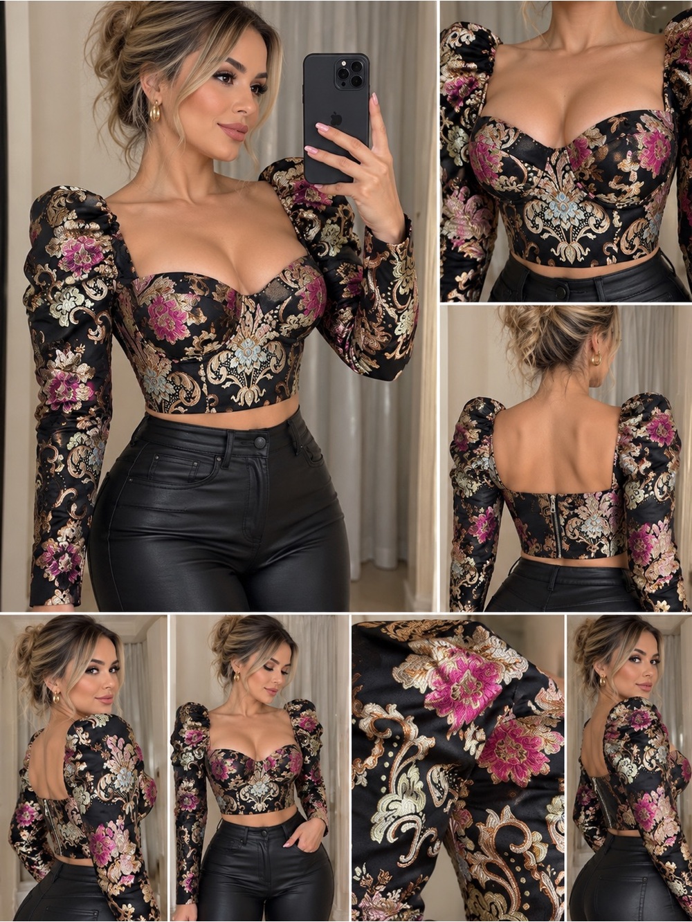 Fashion Nova Black Floral Brocade Puff-Sleeve Crop Top